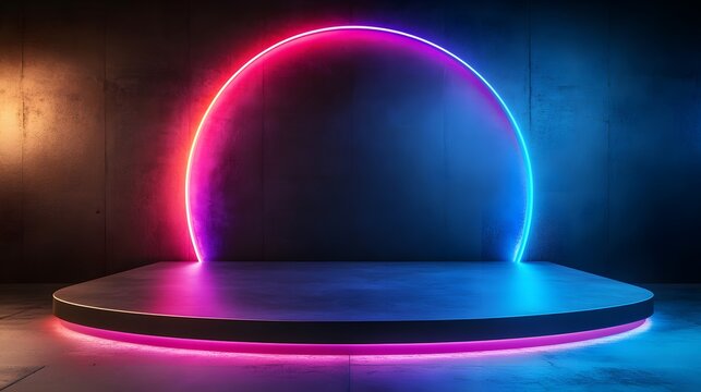 Vibrant stage with neon lights, futuristic circular backdrop glowing in pink and blue, perfect for presentations or showcases.
