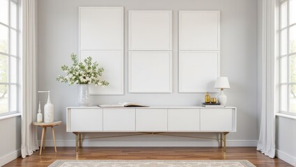 Elegant eye-level shot of a pristine white sideboard set against a soft gray backdrop. Adorned by a charming vase filled with delicate white blooms and lush greenery, resting elegantly to its left. Se