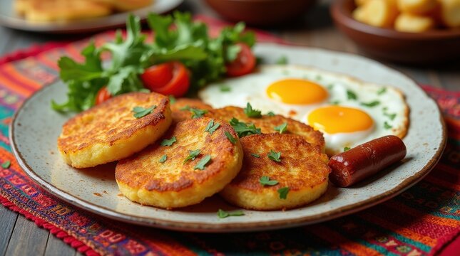 Savoring Ecuadorian llapingachos with cheese, eggs, and fresh greens on a plate