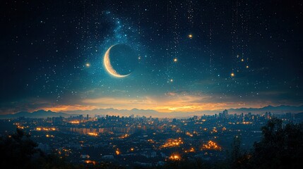 Naklejka premium Crescent Moon over Glowing City at Night with a Starry Sky