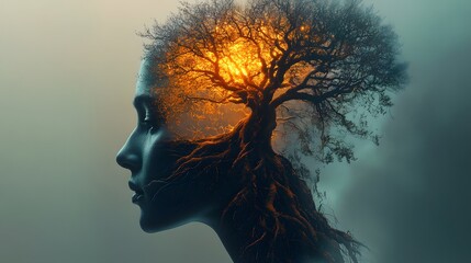 Woman with a tree growing from her head symbolizing nature and creativity in a surreal artistic concept