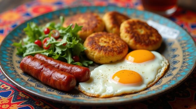 Vibrant serving of Ecuadorian llapingachos with eggs and sausages