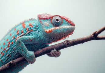 Obraz premium Colorful Chameleon Perched on Branch Showcasing Vibrant Scales and Unique Features Against Soft Background in Natural Habitat
