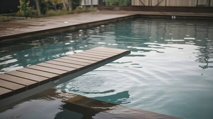 A diving board extending over a calm swimming pool