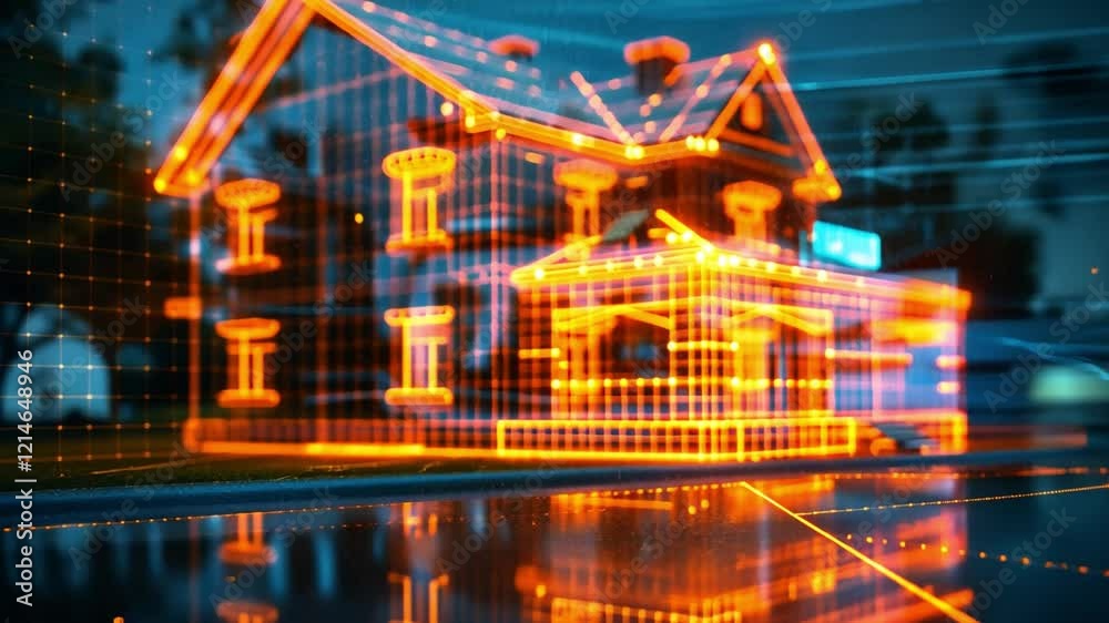 Poster A digital representation of a house is displayed with bright neon outlines and grid patterns, surrounded by a tranquil outdoor setting at dusk.