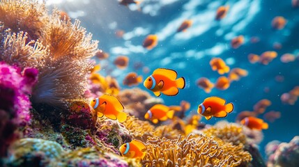 Obraz premium Great Barrier Reef in Australia, vibrant coral formations, rich marine life, and crystal-clear waters, capturing the essence of snorkeling and diving adventures.