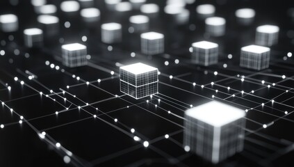 Obraz premium Glowing data cubes connected by lines on a dark background.