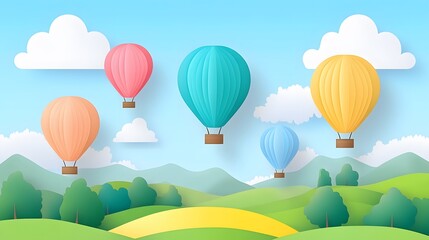 Colorful hot air balloons floating in a bright sky, cheerful landscape with green hills and fluffy clouds, perfect for travel themes.