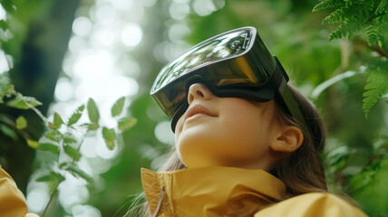 girl wearing virtual reality goggles in lush green forest, exploring nature with curiosity and wonder. vibrant foliage enhances immersive experience