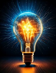 light bulb in a dark room with energy waves radiating out.- 