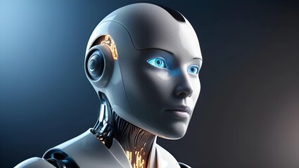 Humanoid Robot Head with Glowing Blue Eyes and Circuit Patterns

