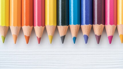 Obraz premium A colorful row of sharpened crayons arranged neatly on a light surface, showcasing a vibrant palette perfect for art projects.