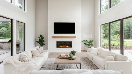 Fototapeta premium Modern living room with white sofas, fireplace, and large windows. space features minimalist design, natural light, and greenery, creating cozy atmosphere