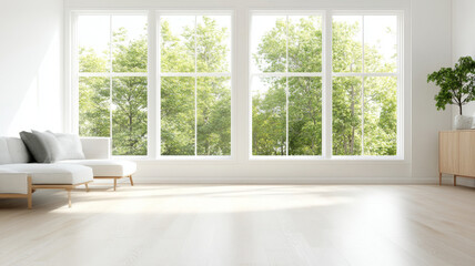 Obraz premium Bright living room with large windows, natural light, and greenery