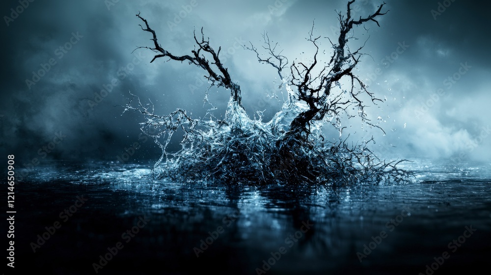 Poster breaking through isolations nature's resilience amidst water and fog abstract photography dark and m