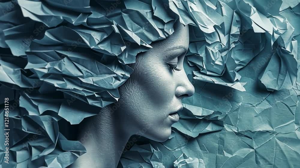 Poster a captivating portrayal of a woman's profile against a textured backdrop created from crumpled paper