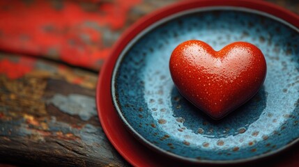 Fototapeta premium A small red heart placed on a blue plate, simple and minimalist design