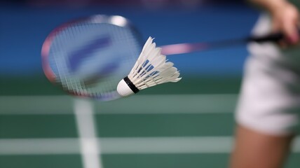 A badminton shuttlecock mid air with a blurred racket in the background