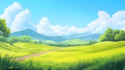 Obraz premium Vibrant landscape scene, lush green fields under a bright blue sky, rolling hills in the distance, perfect for nature-themed projects.