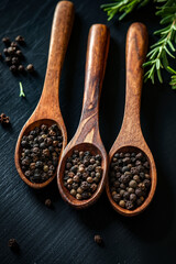 Three wooden spoons filled with black peppercorns on a black surface