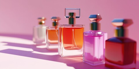 A collection of perfume bottles arranged neatly on a table, perfect for editorial or commercial use