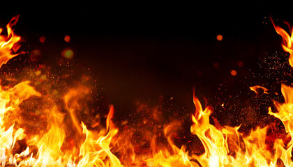 Frame of flames on a black background with fire ember particles