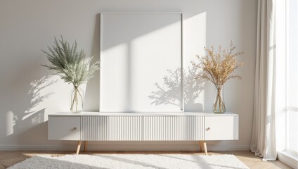 Elegant white wooden sideboard with horizontal lines sits against a pristine wall, supported by graceful paired legs, exuding timeless sophistication and clean simplicity.  