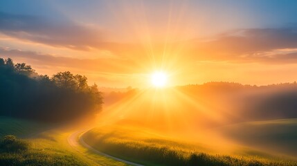 A serene sunrise illuminates a misty landscape, casting warm light over rolling hills and trees, creating a peaceful and vibrant scene.