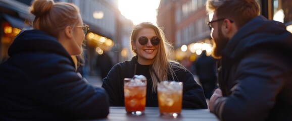 Three Friends Enjoying Drinks in a City Street