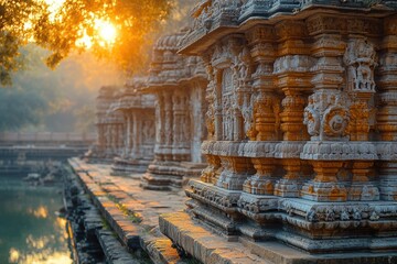Obraz premium Row of ancient stone structures as the sun sets behind, great for historic or mystical scenes