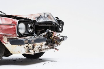 A vehicle with visible damage, abandoned on the ground