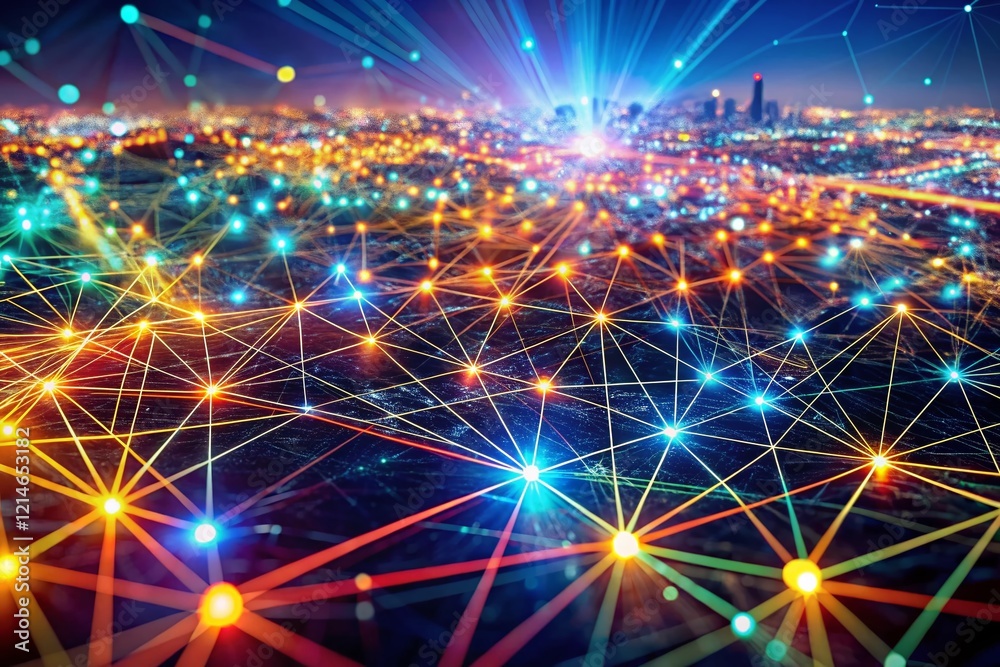 Poster abstract network connection: drone view of connecting dots and lines - futuristic technology backgro