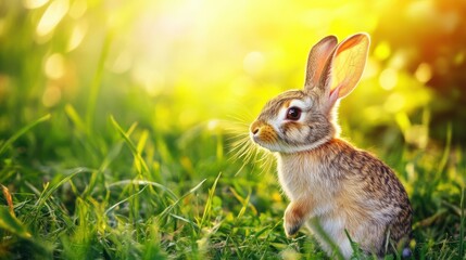 Fototapeta premium Rabbit Hopping Through Vibrant Grass in Morning Light