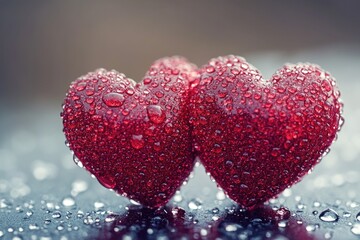 Obraz premium Two red hearts with water droplets on them, ideal for love and romance themes
