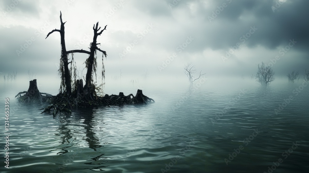 Poster lonely rhythms piercing through dense fog serene water landscape mystical nature scene ethereal atmo