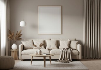 A minimalist living room with neutral tones featuring a beige sofa with throw pillows and a blanket, a wooden coffee table and a large empty white frame on the wall