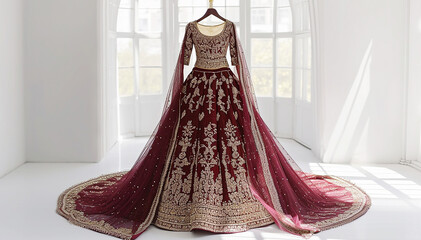 Indian wedding dress. Bridal lehenga. Bollywood red with gold wedding attire on hanger in luxury interior background. Festive traditional outfit. Beautiful ceremony dress. Banner