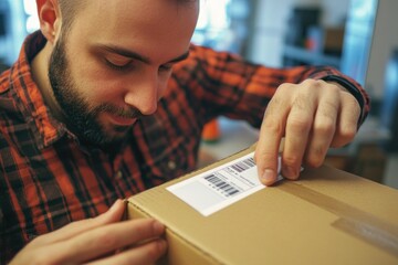 A person wearing a red and black shirt applies a barcode to a box, highlighting the importance of inventory management and product tracking