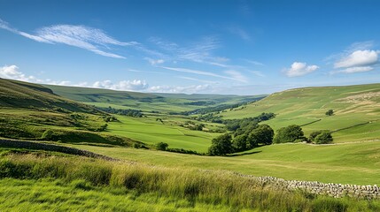 Fototapeta premium Lush green valley with rolling hills, bright blue sky and scattered clouds, picturesque landscape perfect for nature themes.