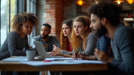 Diverse coworkers brainstorm startup project in boardroom. Teamwork, collaboration evident. Business plan discussion for new research analysis. People use laptops, papers. Modern office setting.