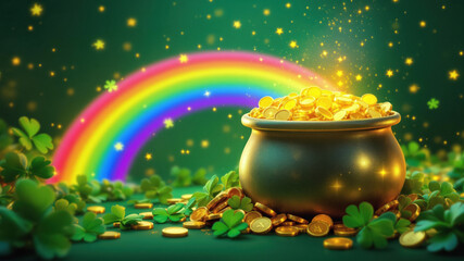 Fantasy Scene of Leprechaun’s Luck: Golden Coins, Shamrocks, and Sparkling Rainbow