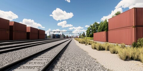Obraz premium aviationbusiness aircargo infrastructure concept. Railway tracks with shipping containers under a blue sky and scattered clouds.
