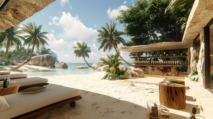 Fototapeta premium Serene beachside retreat with lounge chairs, tropical palms, and a stunning ocean view