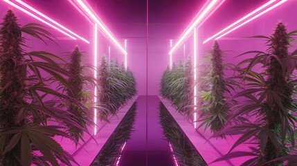 A mirror-finished cannabis sculpture reflecting soft neon lights in a modern gallery.