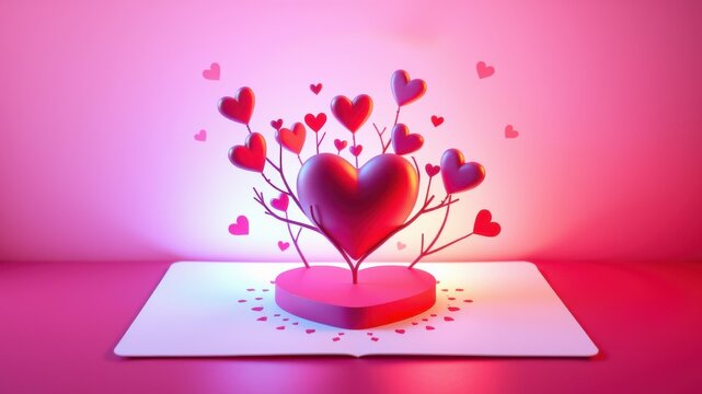 Abstract representation of love with a colorful heart tree sprouting from an open book on a soft pink background, symbolizing growth and romance in a whimsical way