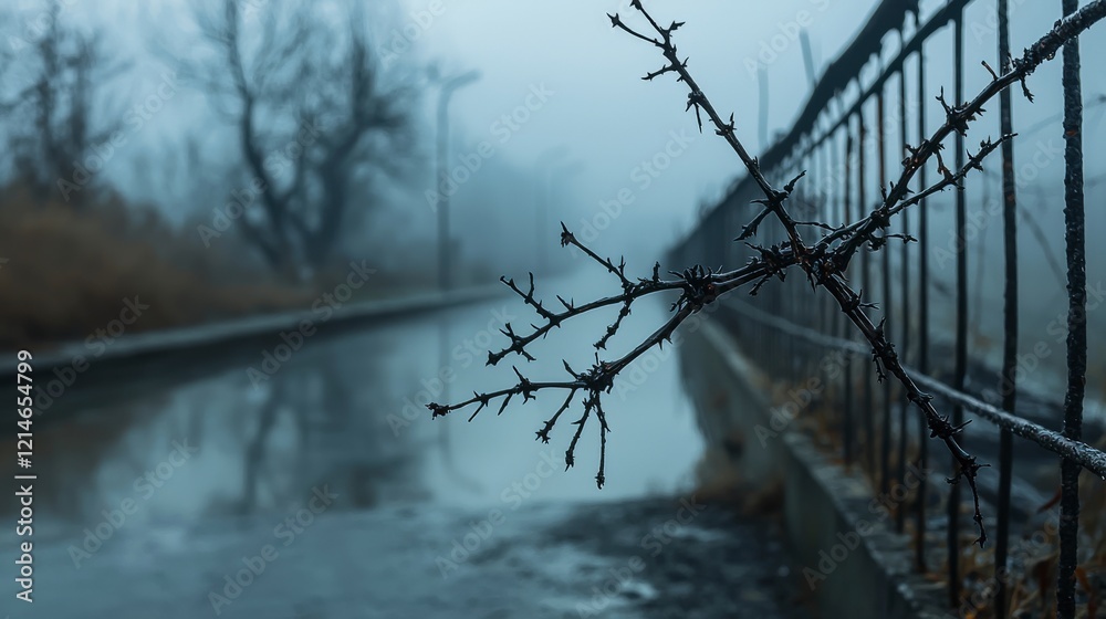 Poster gloomy atmosphere misty reflections on a lonely path and the painful lines through foggy nature drea