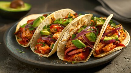 Deliciously arranged tacos filled with salmon, avocado, and fresh vegetables on a rustic plate
