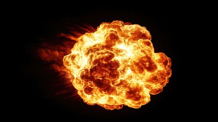 A massive fireball erupts on a darkened background, with flames and sparks illuminating the surrounding space