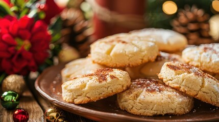 Festive platter of freshly baked cookies surrounded by holiday decorations and pinecones