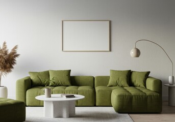 A minimalist interior with a textured white wall as a backdrop and a vertical blank canvas mockup hangs above an olive green modular sofa adding a subtle artistic touch